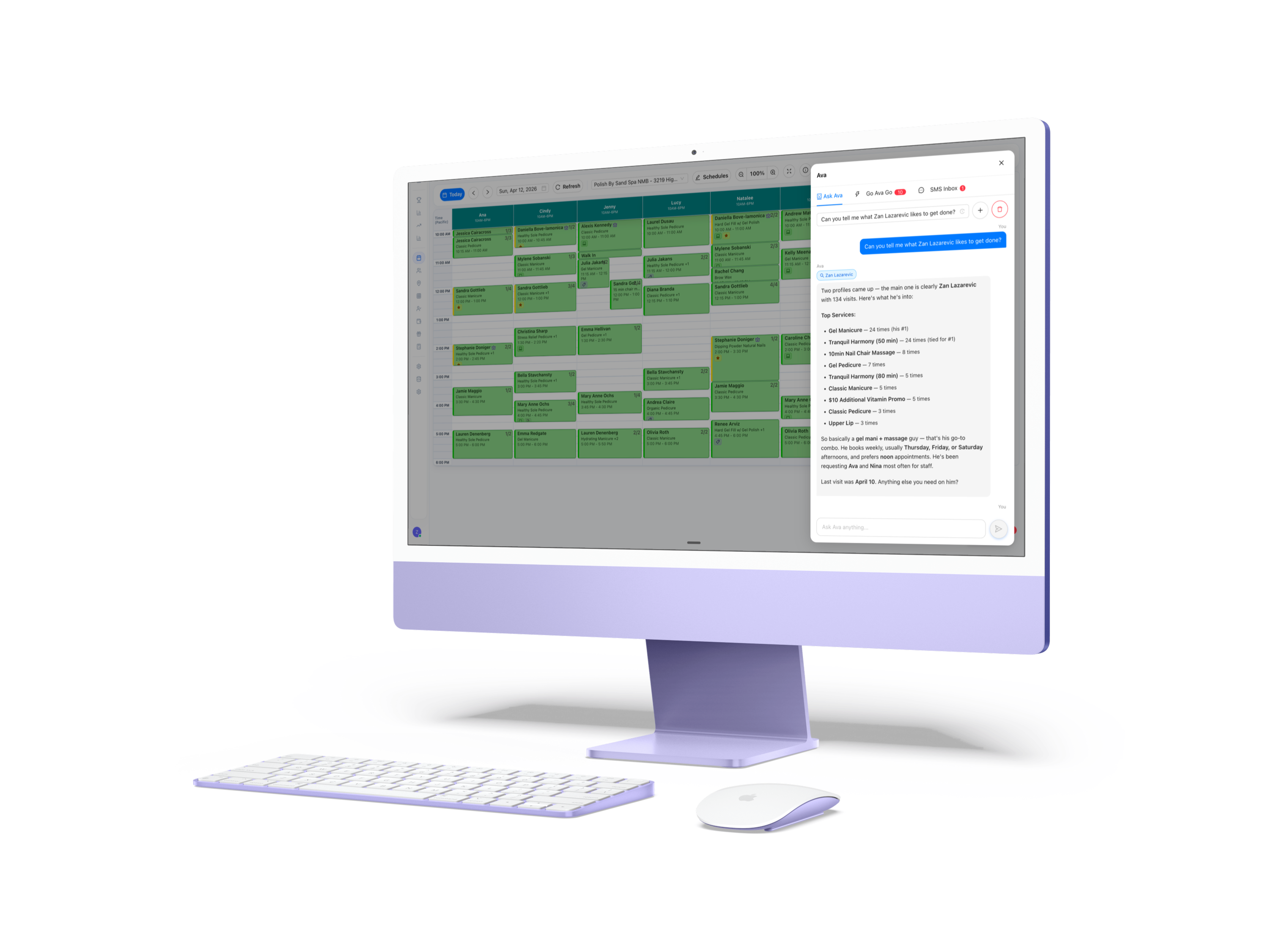 Ask Ava digital assistant panel open alongside the appointment calendar
