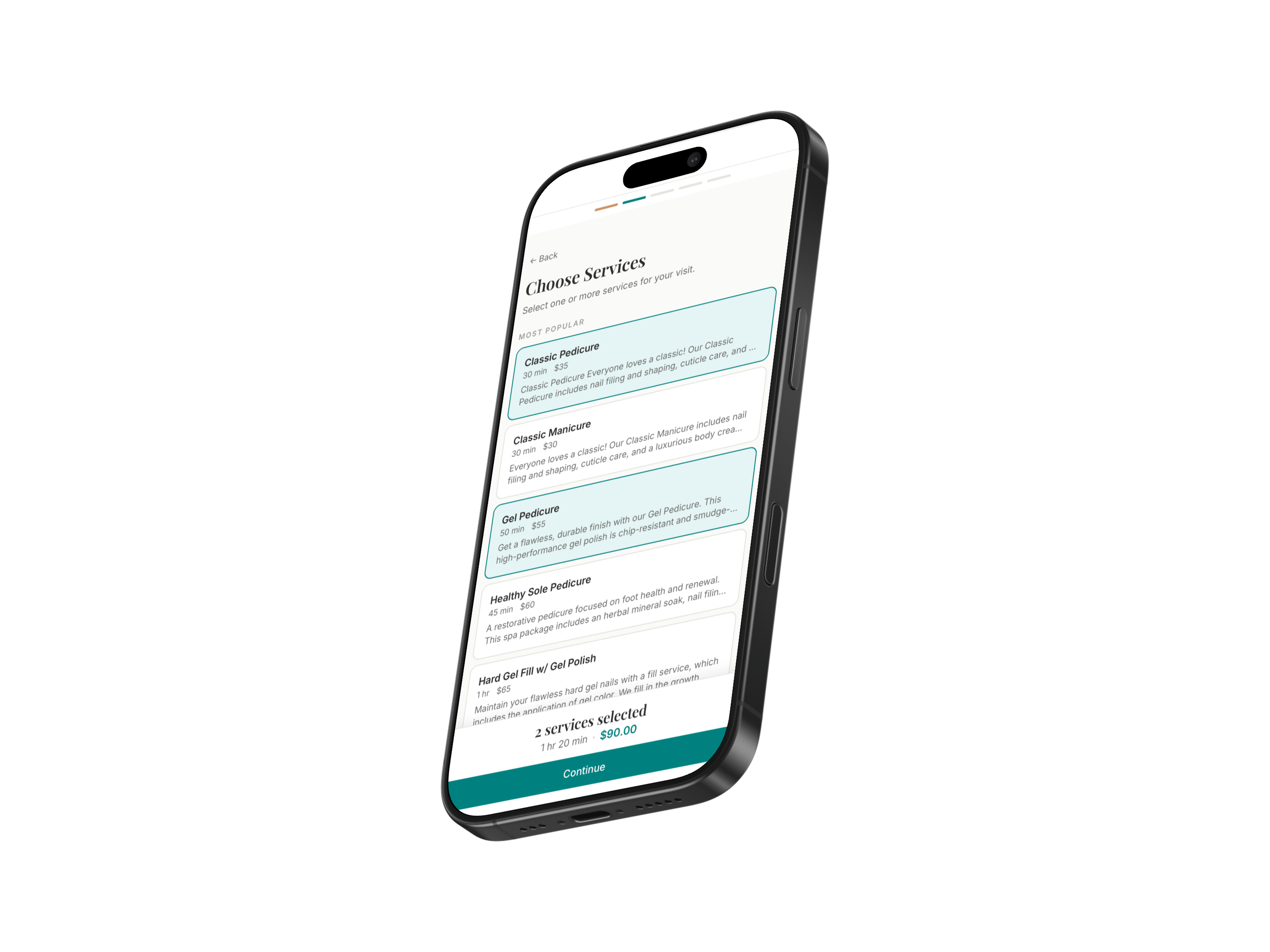 Online booking tool on iPhone showing service selection with pricing