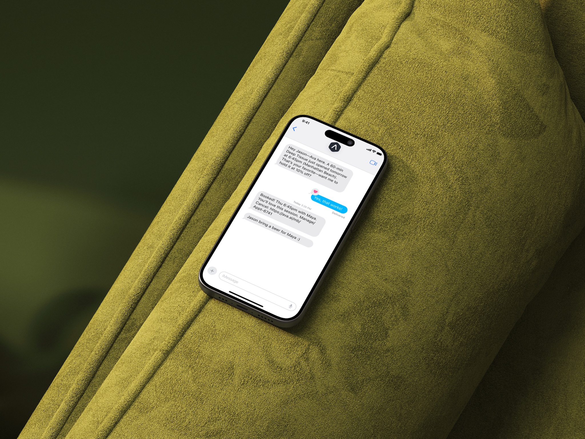 SMS reminder conversation showing appointment confirmation and follow-up messages